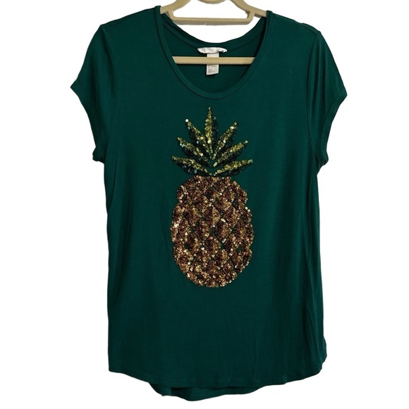 H&M Women's US L Dark Green Sequin Pineapple T-Shirt Short Sleeve - Picture 1 of 6